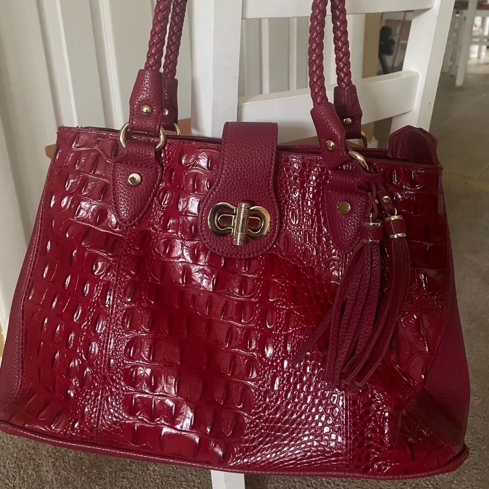 M.C. Crocodile Embossed Red Leather Shoulder Bag